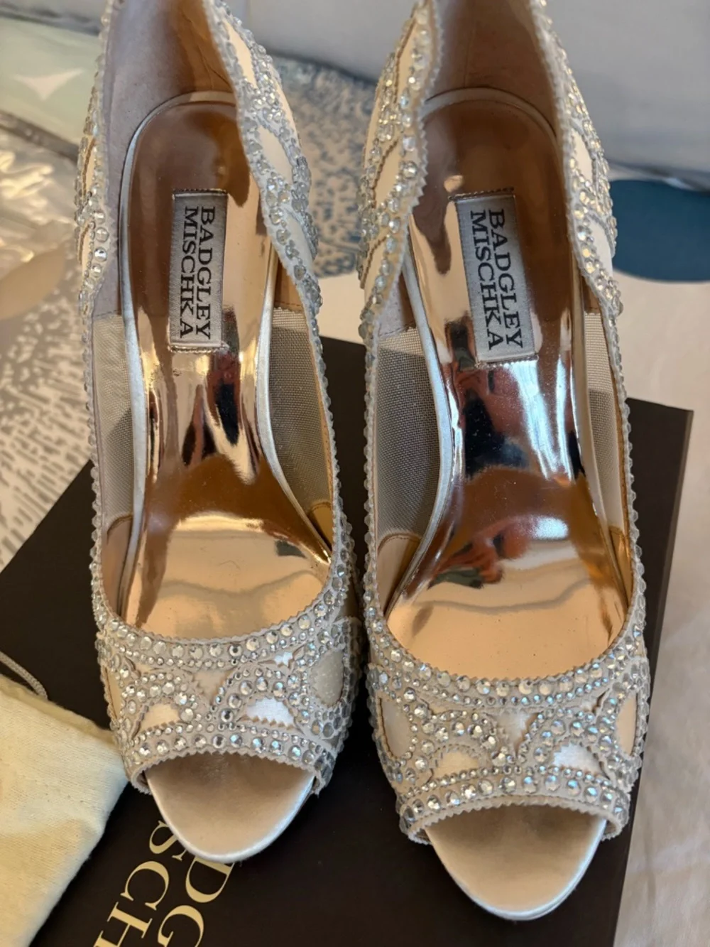 Badgley Mischka Ivory Crystal Embellished Peep-Toe Pumps - Picture 3 of 6